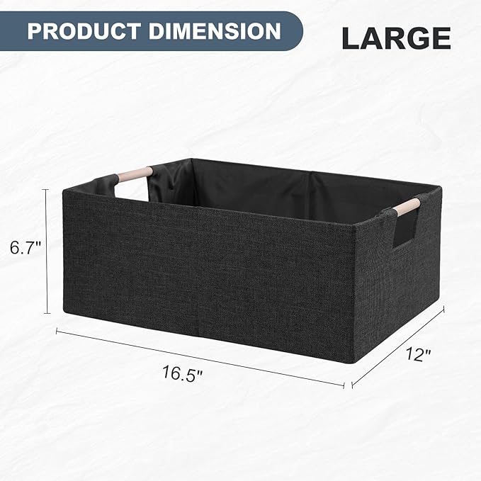 ANMINY 2PCS Storage Baskets for Organizing Collapsible Fabric Storage Bins Boxes with Wood Handles Closet Shelves Cube Organizer Bins Clothes Laundry Storage Container - Large, Black-NeatNest