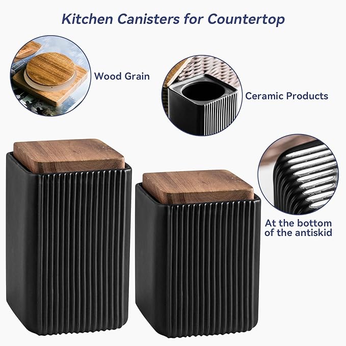 Ceramic Storage Jars Modern Elegant Polished Airtight Gorgeous Storage Canisters with Wooden Lid Small Food Stroage Jar for Kitchen Spice Tea Vanilla Sugar Coffee Beans (Black,Small size,13cm*10cm)-NeatNest