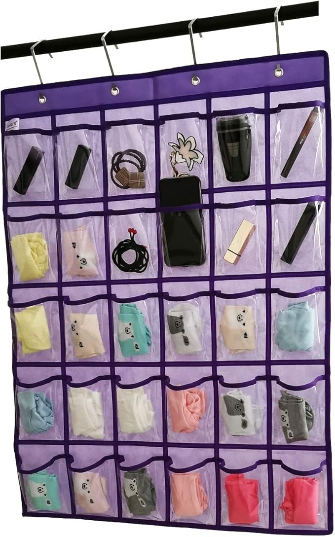 Classroom Pocket Chart for Phone Calculator Holder Over The Door Hanging Closet Jewelry Organizer with 30 Clear Pockets (Purple)-NeatNest