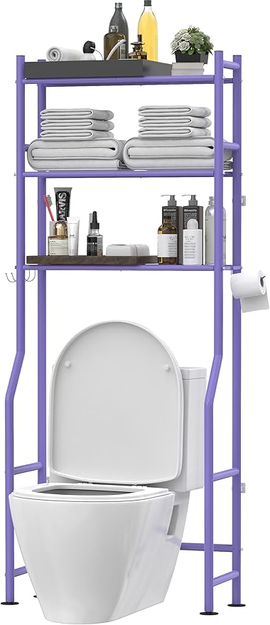 3-Tier Over The Toilet Storage, Freestanding Metal Bathroom Shelves with 4 Hooks, Over Toilet Storage Shelf with Paper Holder, Above The Toilet Shelf for Bathroom Storage, Purple-NeatNest