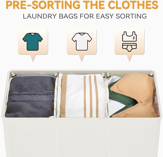 WOWLIVE 180L Laundry Hamper with Lid 3 Section,Large Laundry Basket with Removable Bags and Handles,Collapsible Dirty Clothes Hampers for Laundry,Laundry Basket Organizer for Laundry Room,Dorm,Beige-NeatNest