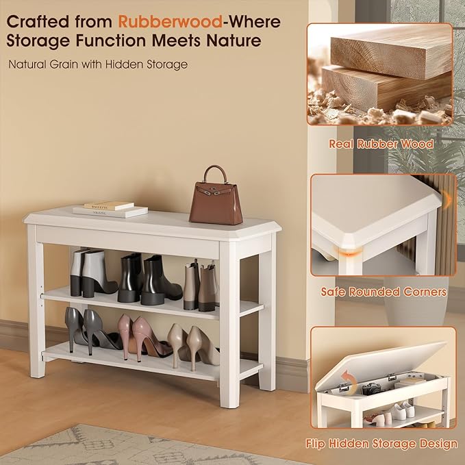 Shoe Rack Bench Seat Rubberwood 2-Tier Wooden Storage Bench 550lbs Compact Mid-Century Modern Design for Entryway, Hallway, Closet, Front Door Entrance, Foyer-NeatNest