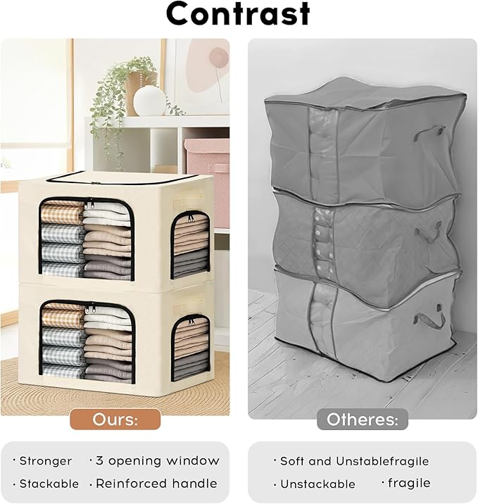 3-Pack Clothes Storage Bins with Metal Frame, Foldable 40L Linen Storage Boxes with Lids, Zippers & Durable Handles, Clear Windows (Cream)-NeatNest