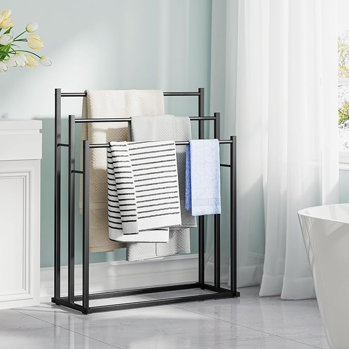 Honiter Towel Racks for Bathroom, 3 Tier Wide Towel Drying Rack Outdoor, Free Standing Towel Rack, Pool Towel Blanket Stand and Display Rack for Oversized Bath Towels, Black