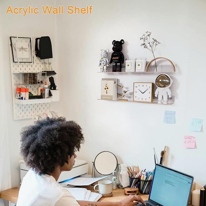 24'' Clear Acrylic Wall Long Shelf 2 Pack, Acrylic Floating Book Shelves, Wall Mounting Invisible Ledge Book Shelf-NeatNest