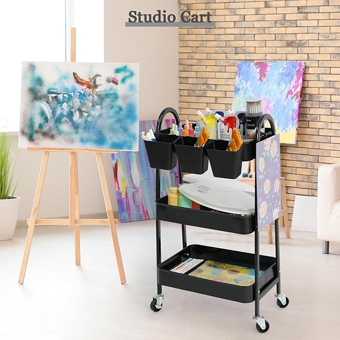 danpinera 3-Tier Rolling Cart, Metal Rolling Storage Cart with Lockable Wheels & Hanging Cups & Hooks, Mobile Trolley Cart for Kitchen, Bathroom, Office, Workshop, Black-NeatNest
