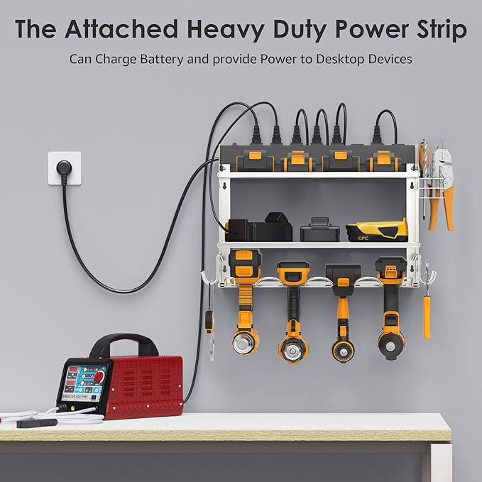 CCCEI Modular Power Tool Organizer Wall Mount with Charging Station. Garage 4 Drill Storage Shelf with Hooks, Drill Bit Heavy Duty Rack, Silver Tool Battery Holder Built in 8 Outlet Power Strip.-NeatNest