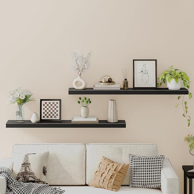 HOOBRO Floating Shelves for Wall, Wall Mounted Shelf Set of 2, 55" Hanging Shelf with Invisible Brackets, for Wall in Bathroom, Bedroom, Toilet, Kitchen, Living Room, Office, Black BK140BJP201-NeatNest