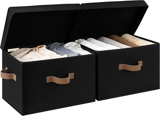 StorageWorks Fabric Storage Bins with Lid, Decorative Storage Boxes for Shelves, Stackable Closet Organizer Basket with Handles, Large, Black, 2-Pack-NeatNest