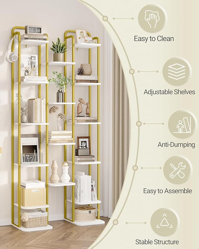 10 Tiers Vertical Shoe Rack, Narrow Shoe Tower, Tall Shoes Shelf with 2 Hooks, Adjustable Shelves, Corner Shoes Shelves for Small Spaces, Entryway, Living Room, White Gold SR11213A-NeatNest