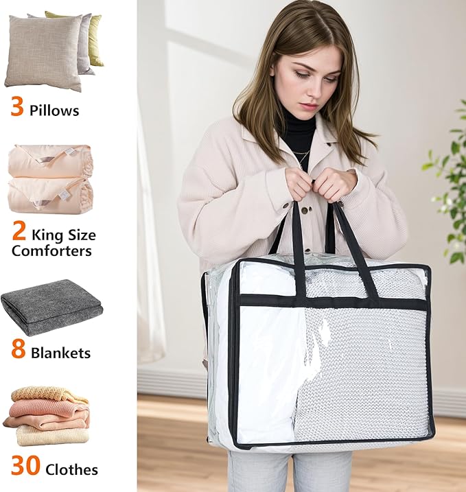 Budding Joy Clear Zippered Storage Bags for Clothes,40L Closet Organizers and Storage Containers Vinyl Moving Bag for Bedding, Linen, Blankets, Comforters, Clothing & Toys, Black, 2 Pack-NeatNest