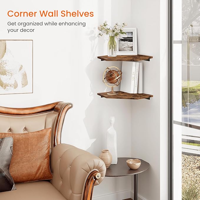 Homode Corner Shelf Wall Mount, Set of 2 Floating Corner Shelf Organizer for TV Accessories, Speaker, Cable Box, Game Console, Storage for Bathroom Kitchen Living Room Bedroom, Rustic Brown-NeatNest