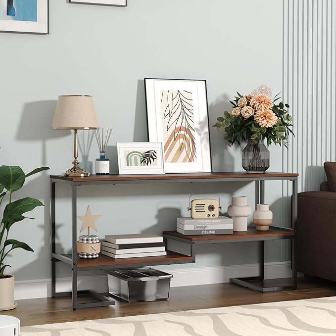 Console Table, 3-Tier Industrial Entryway Table, 53”L Entrance Sofa Table with Shelves, Hallway, Living Room, Foyer, Corridor, Office, Brown and Black-NeatNest