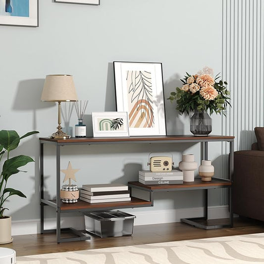Console Table, 3-Tier Industrial Entryway Table, 53”L Entrance Sofa Table with Shelves, Hallway, Living Room, Foyer, Corridor, Office, Brown and Black-NeatNest