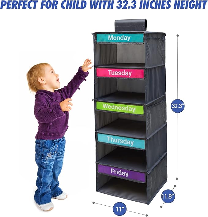 5-Shelf Weekly Clothes Organizer for Kids, Kids Daily Shelf Hanging Closet Organizer with 6 Side Pockets, Days of The Week Hanging Storage Shelves, Grey-NeatNest