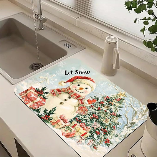 Hello Winter Dish Drying Mats for Kitchen Counter Absorbent Fast Dry Dish Drainer Rack Mats for Dishes Utensils Pot and Pan, Kitchen Accessories 24"x16"