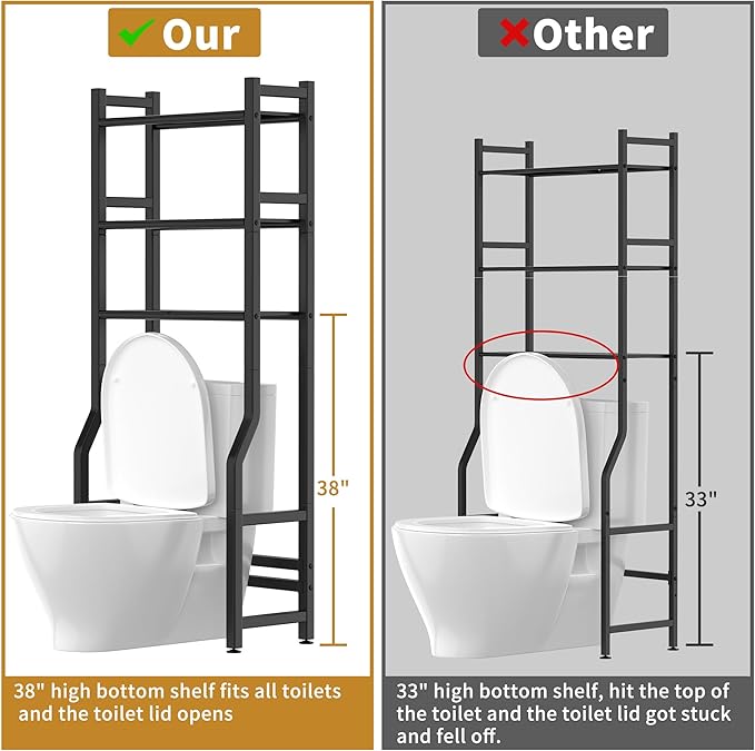 3 Tier Over The Toilet Storage Rack with Toilet Paper Holder, Metal Freestanding Bathroom Shelves with 4 Hooks, Over Toilet Storage Shelf for Bathroom Storage, Black-NeatNest
