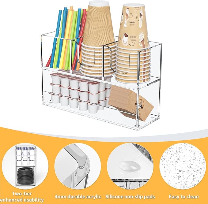 Coffee Condiment and Cup Organizer - 2-Tier Upright Cup and Lid Holder with Straw Organizer 4 Compartments Clear Acrylic Cup Dispenser for Restaurant Breakroom Coffee Station Countertop-NeatNest