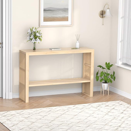 Bamboo Wood Entryway Table 47.2" Console Table, 2-Tier Farmhouse Narrow Sofa Table with Grille-Inspired Sides Easy Assembly for Entrance, Hallway, Living Room, Bedroom, Foyer(Natural)-NeatNest