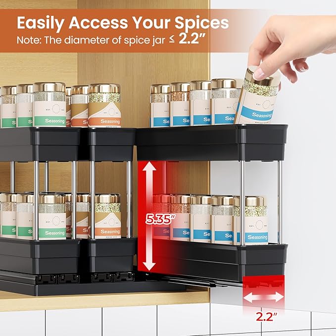 3 Packs Pull Out Spice Rack Organizer for Cabinet, Vertical Spice Rack Pull Out, Heavy Duty Slide Out Seasoning Organizer, 2.3''Wx10.35''Dx8.26''H, 3 Drawers 2 Tiers(Black)
