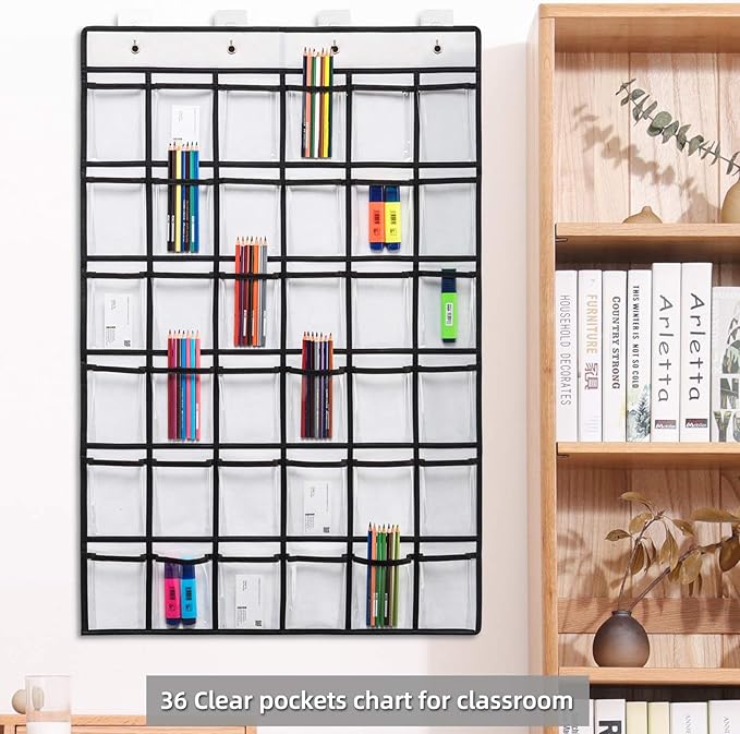 2 Pack 36 Pockets Classroom Pocket Chart for Cell Phone Calculator Holder,Clear Pocket Chart Organizer for Classroom Cellphone Storage with 36 Number Sticker Size:38.5x25.7 Inch (White-2pack)-NeatNest