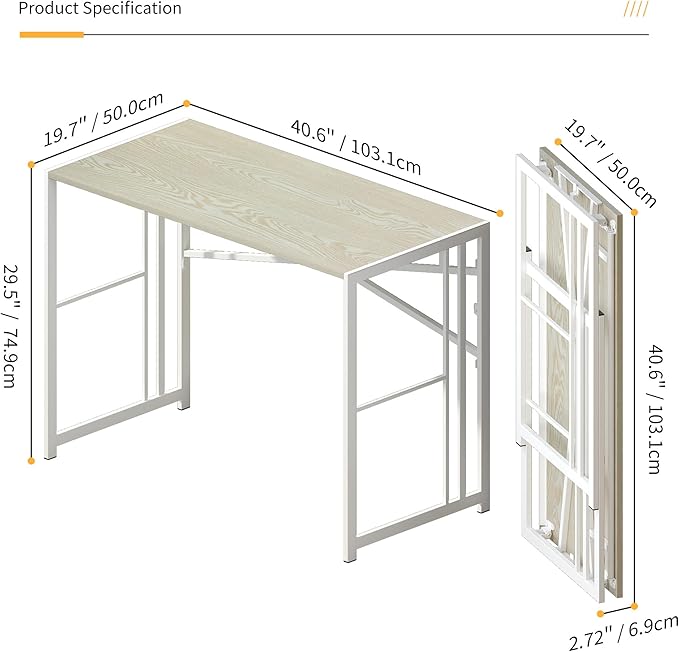 40 inch Folding Desk, Writing Gaming Computer Camping Desk, No Assembly Required Home Office Table, Natural and White-NeatNest