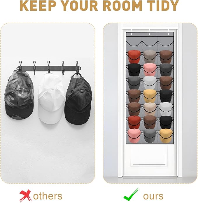 Hat Rack for Baseball Caps, 24 Pocket Over The Door Hat Organizer Storage, Hat Holder for Door with 3 Hooks, Grey - 1 Pack-NeatNest