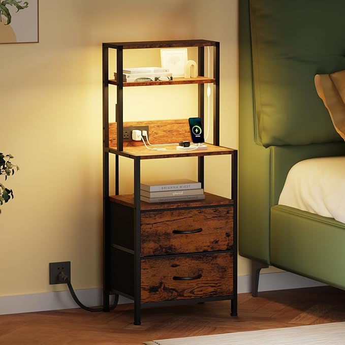 Furnulem Night Stand, Tall Nightstand with 4-Tier Shelves, 2 Fabric Drawers and Light Tube, Bed Side Tables with Charging Station, Bedside Table for Bedroom, Office, Rustic Brown