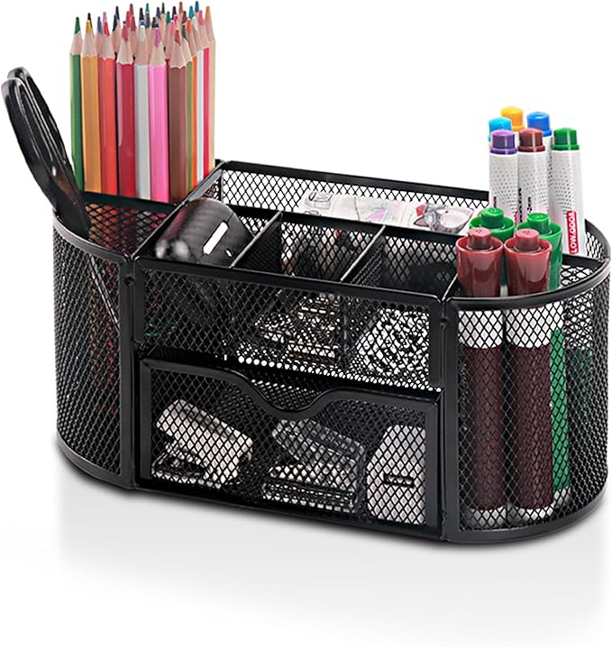 Comix Mesh Pen Pencil Holder Desk Organizer, 8 Compartment and 1 Drawer Wire Desktop Pen Pencil Cup Caddy Office Supplies Accessories for Home Office School, Black-NeatNest