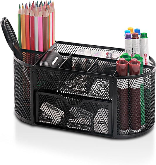 Comix Mesh Pen Pencil Holder Desk Organizer, 8 Compartment and 1 Drawer Wire Desktop Pen Pencil Cup Caddy Office Supplies Accessories for Home Office School, Black-NeatNest
