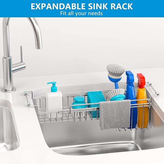 Over The Kitchen Sink Caddy Sponge Holder Organizer Drying Rack Expandable for Sponge Brush Soap Dish Cloth Rag Smaller 14.5" to 22", Stainless Steel-NeatNest