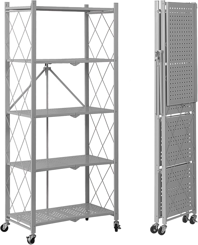 BRIAN & DANY 5-Tier Foldable Storage Shelves with Wheels, Folding Metal Rack Shelving Unit, Heavy Duty No Assembly Organizer Shelf for Garage, Kitchen, Basement, Pantry, Gray-NeatNest