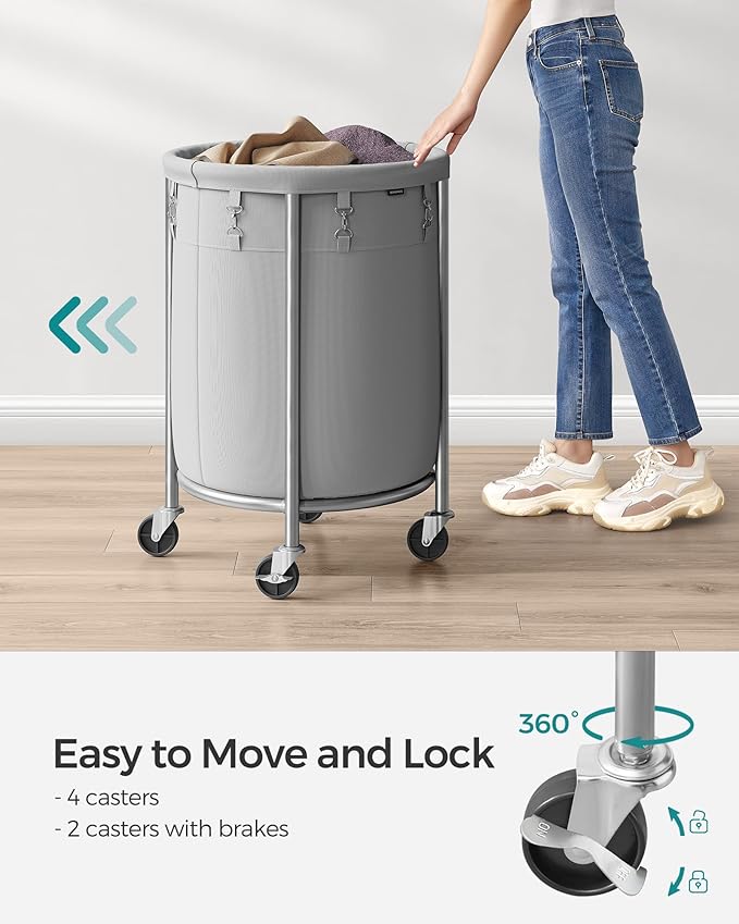 SONGMICS Laundry Basket with Wheels, Rolling Laundry Hamper, 29 Gal., Round Laundry Cart with Steel Frame and Removable Bag, 4 Casters and 2 Brakes, Gray and Silver URLS002G01