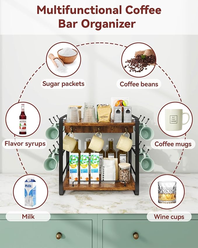 IBUYKE Coffee Bar Station Countertop Organizer,2 Tier Kitchen Mug Cup Holder Stand,Wooden Coffee Mug Organizer with 18 Hooks,Multifunctional Mug Tree for Home Kitchen, Office,Vintage Brown UTBJ006H-NeatNest