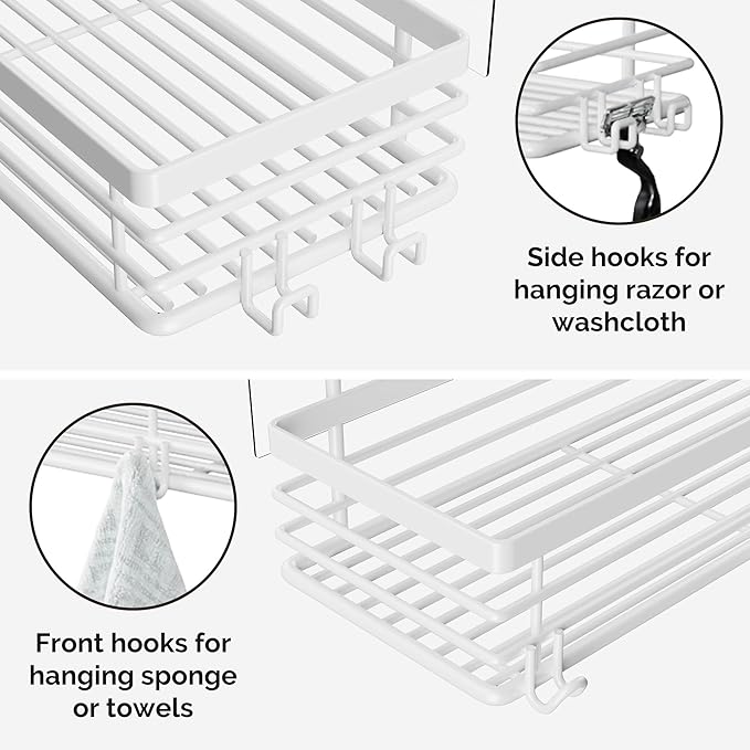 Orimade Shower Caddy with 5 Hooks for Hanging Razor and Sponge Adhesive Shower Shelf Basket Bathroom Storage Organizer Kitchen Rack No Drilling Stainless Steel Rustproof - 2 Pack,White