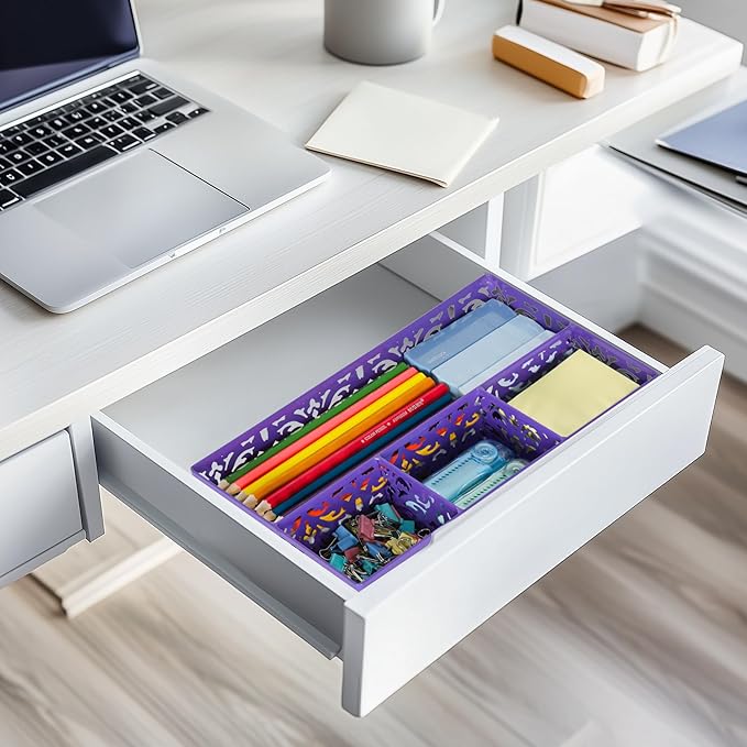 EasyPAG Desk Drawer Organizer with 4 Compartments, Carved Hollow Floral Metal Tray for Office, Jewelry, Cosmetics - No Assembly, Purple-NeatNest