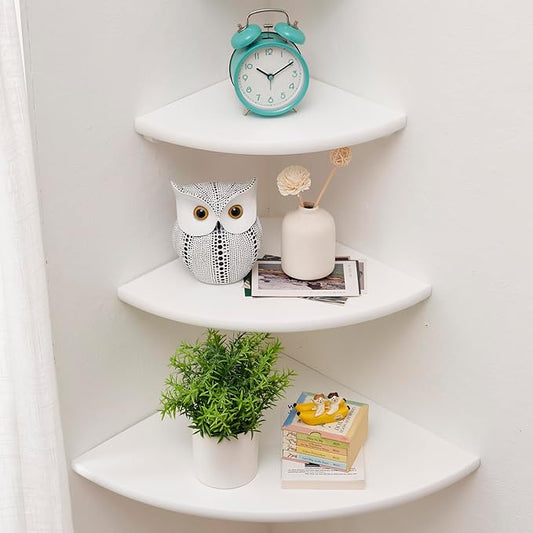 Corner Shelves, Floating Corner Shelf, Set of 3 Solid Oak Wood Corner Wall Shelves, Round End with Wire Hole Shelving for Small Plant for Bedroom Kitchen, Living Room (Size 9/10/12in)-NeatNest