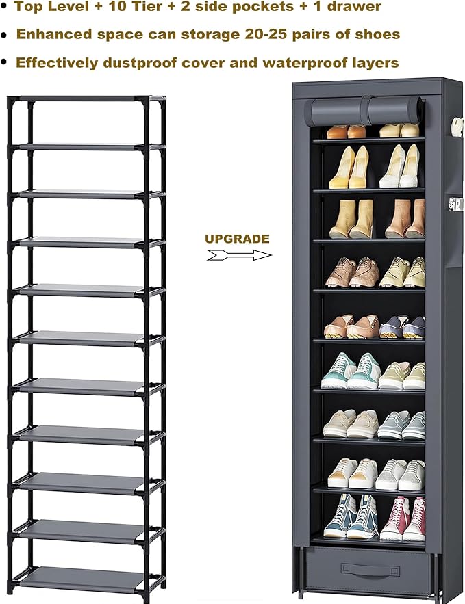 Shoes Rack 10 Tier Tall Narrow Shoe Rack with Bin Covered Shoe Shelf Storage Organizer Closet Stackable Shoe Stand-NeatNest