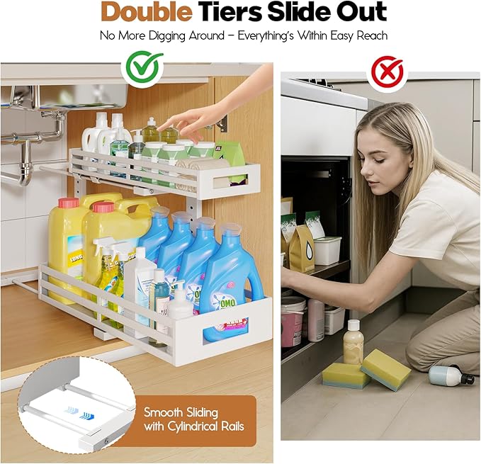 2-Pack 19"Deep Under Sink Organizer And Storage, 2-Tier L-Shaped Pull Out Cabinet Organizer with Upgraded Slide Rails, Height Adjustable Drawers for Kitchen&Bathroom, Extra-Large Storage Shelves–White-NeatNest