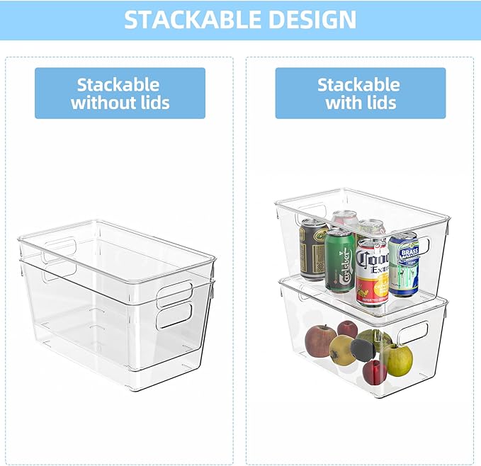 4 Pack Plastic Storage Bins with Lids, Clear Stackable Organizer with Handle, Kitchen Pantry Organizers and Storage, Perfect for Pantry, Refrigerator, Fridge, Bathroom, Cabinet, Closet, Kitchen-NeatNest