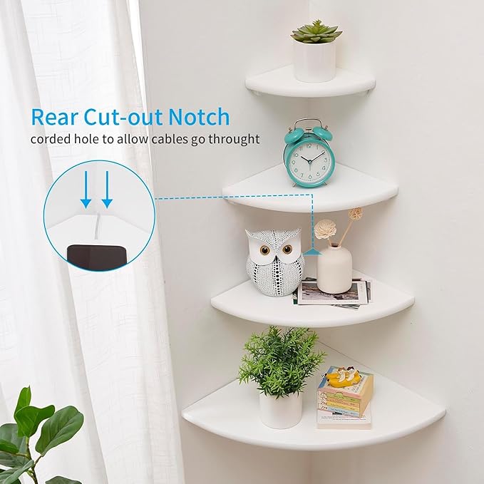 Corner Shelf, Solid Oak Wood Floating Corner Shelf Wall Mount Round End Floating Speaker with Wire Hole for Small Plant Photo for Bedroom Kitchen, Living Room White-NeatNest