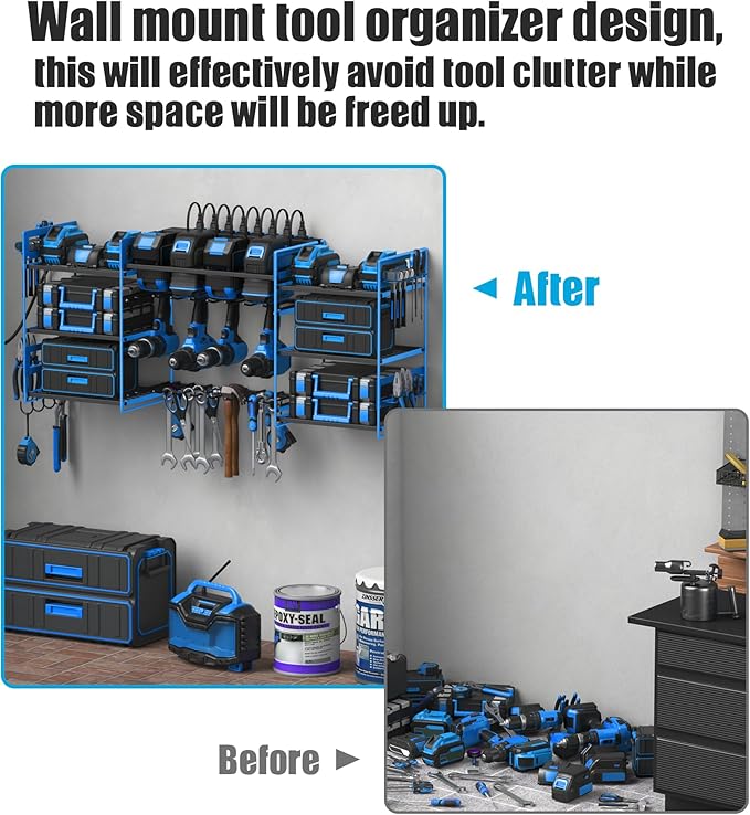 CCCEI Blue Power Tool Organizer Wall Mount, Large Tools and Battery Storage Rack Charging Station Individual Switches. Drills Holder, Garage Utility Shelves with 6FT Power Strip. Gift for Men.-NeatNest