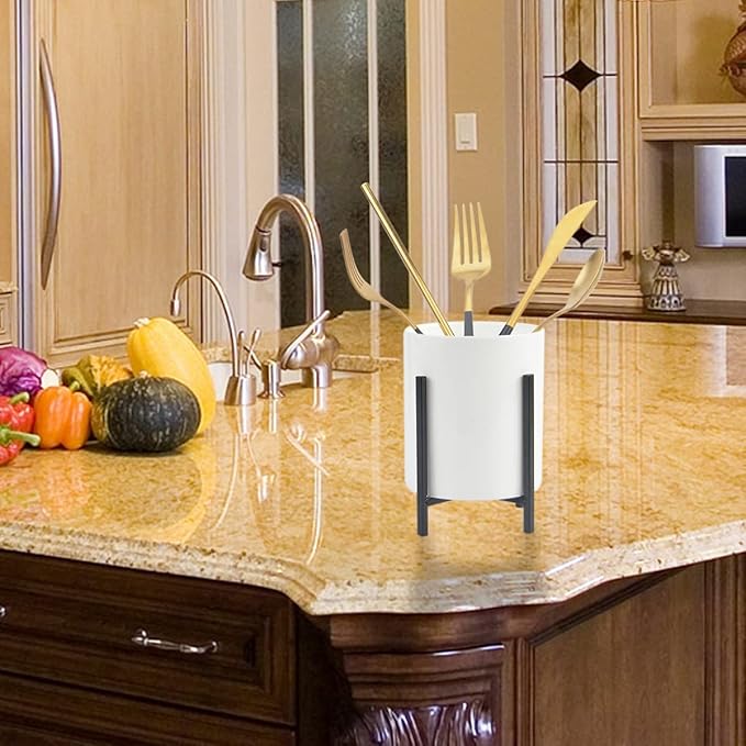 Ceramic Flatware Caddy, Silverware Caddy Cutlery Holder, Round Utensil Crock, Kitchen Utensil Holder for Countertop, Ceramic Cup wtih Black Trim and Black Metal Bracket, 1 Pcs-NeatNest