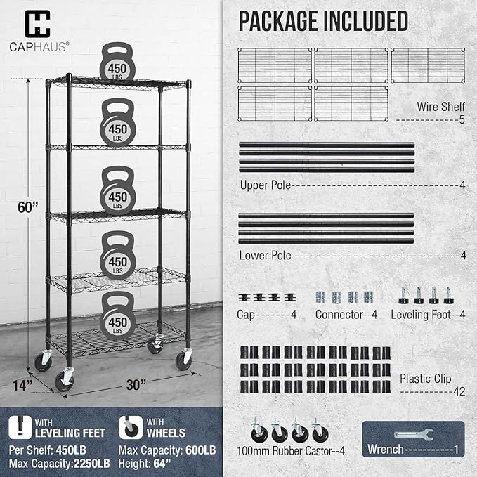 CAPHAUS NSF Commercial Grade Heavy Duty Wire Shelving w/Wheels, Leveling Feet & Liners, Storage Metal Shelf, Garage Shelving, Utility Wire Rack Shelves, 30 x 14 x 64 5-Tier w/o Liner-NeatNest