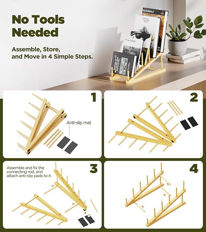 2-Pack Bamboo Dish Drying Rack, 5 Slots Kitchen Organizer Craft Show Display Stand for Holds Plates, Cups, Cutting Boards, Pot Lids, Canvas, Books, Records and Magazine