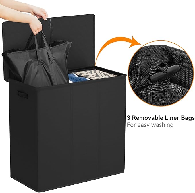 WOWLIVE 180L Laundry Hamper with Lid 3 Section,Large Laundry Basket with Removable Bags and Handles,Collapsible Dirty Clothes Hampers for Laundry,Laundry Basket Organizer for Laundry Room,Dorm,Black-NeatNest