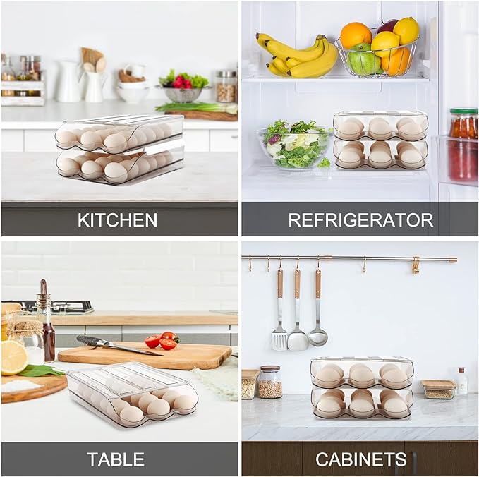 Egg Holder for Fridge, Automatically Rolling Egg Storage Container for Refrigerator,Large Capacity Egg Organizer for Fridge with Lid,Clear Plastic Dispenser, Tray & Bin -2 Layer