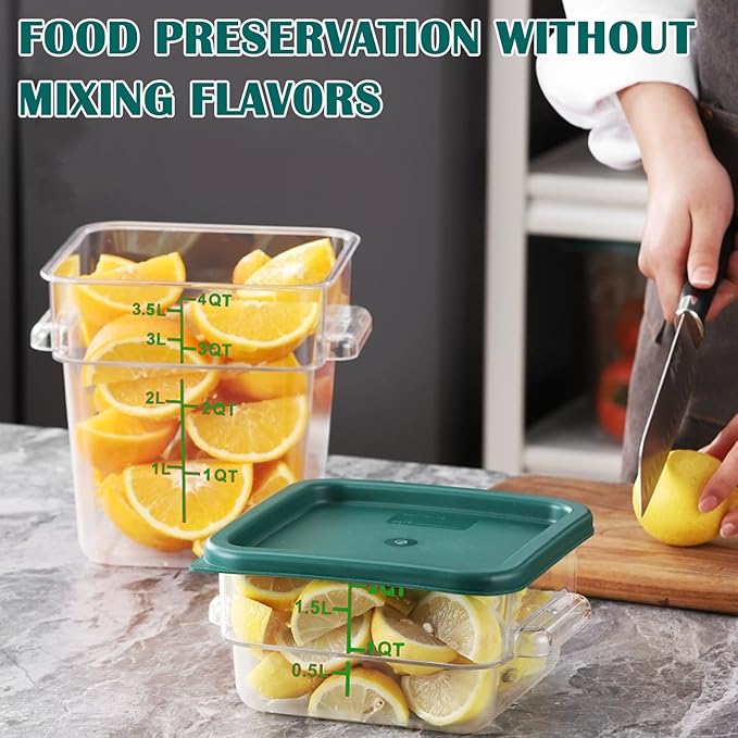 4 Pack 4QT Food Storage Containers with Green Lids, Clear Square Commercial Food Grade Storage Containers with Handles and Scales, BPA-Free Airtight Restaurant Container for Sourdough, Marinating Meat