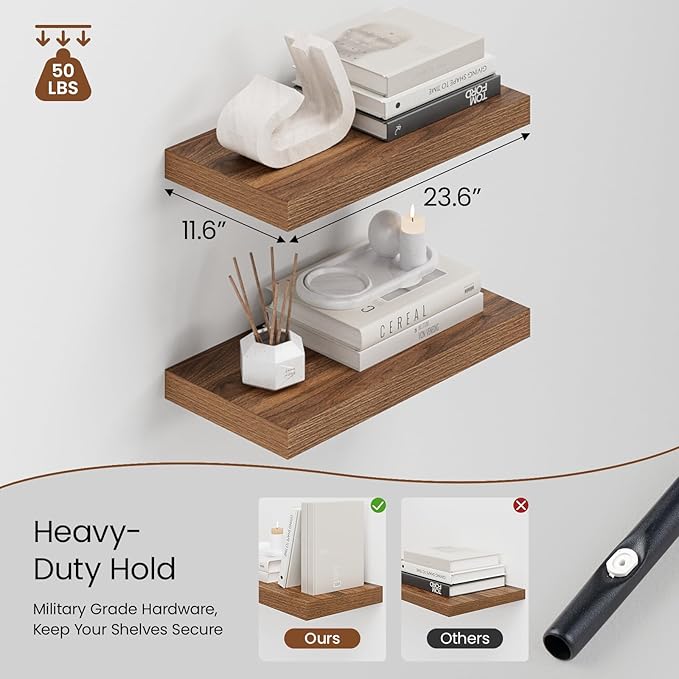 Heimlove 12" Deep Walnut Floating Shelves for Wall, 24 Inch Wall Shelf Bathroom Shelves Set of 2, Wall Mounted Shelves for Books Living Room Laundry Room Bedroom Kitchen Home Office-NeatNest