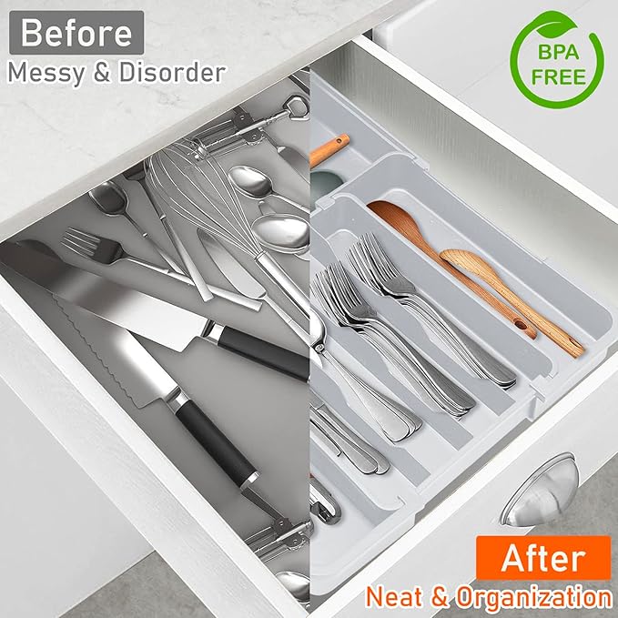 Expandable Silverware Drawer Organizer BPA Free Cutlery Organizer Small Utensil Organizer for Kitchen Drawers Adjustable Spoons Forks Knives Storage Divider, Gray-NeatNest